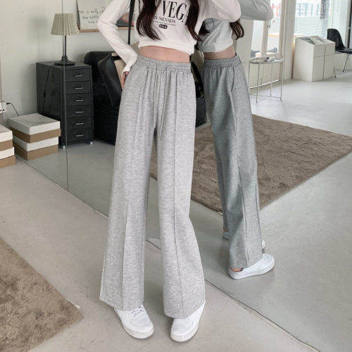 Gray sports pants women's wide-leg pants loose high and thin drawstring casual vertical straight trousers