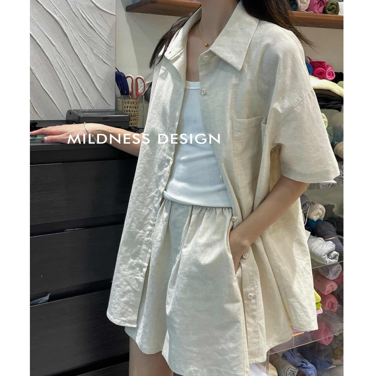 Korean style 2023 summer new linen loose short-sleeved shirt + casual high waist shorts suit for women