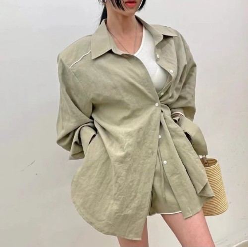 South Korea 2023 summer new cotton and linen shirt long-sleeved shorts suit