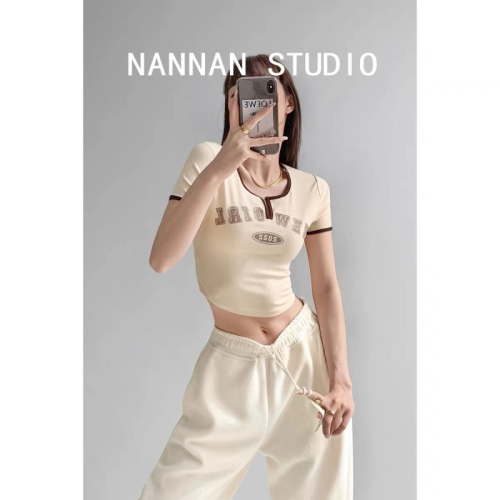 Cotton-like ribbed tops ins retro printing summer slit round neck exposed navel short section contrast color short-sleeved T-shirt women