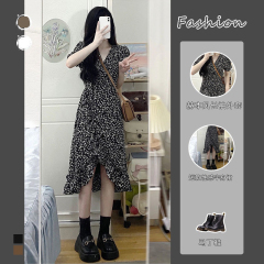 Gentle black summer dress 2023 new Mori girl Hepburn style tea break skirt cold wind fishtail floral dress female