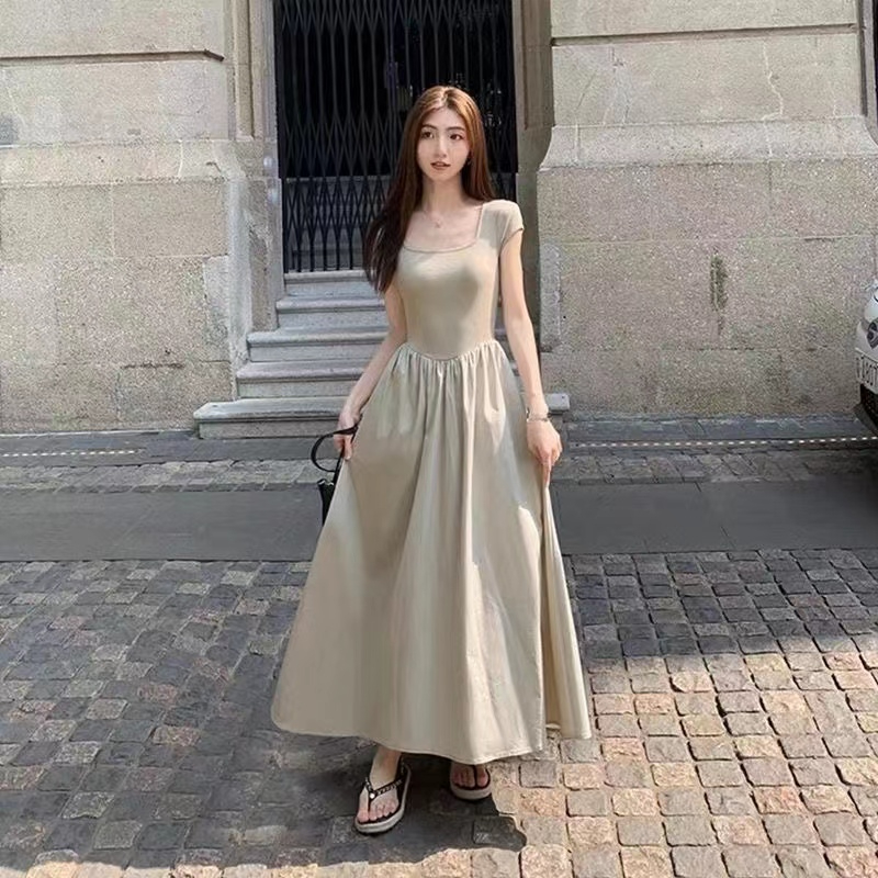 The original practice net red simple commuting elegant light cooked wind pure color thin temperament dress