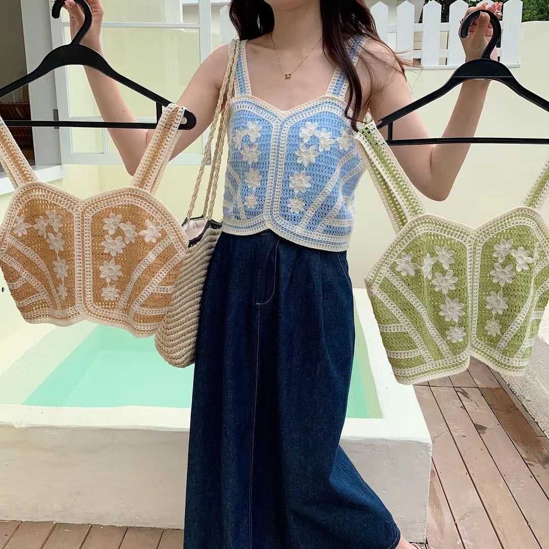 French retro embroidery hollow camisole female summer small fresh sweet hot girl student short outerwear top