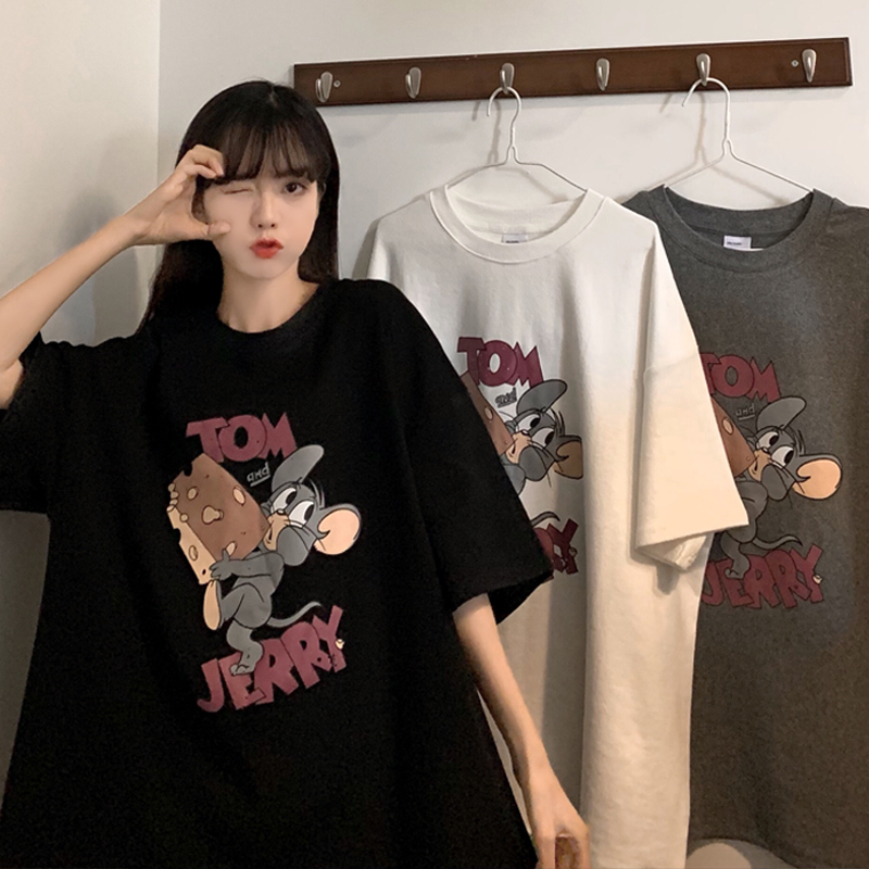 Real price 6535 pull frame short-sleeved T-shirt female letter printing cartoon