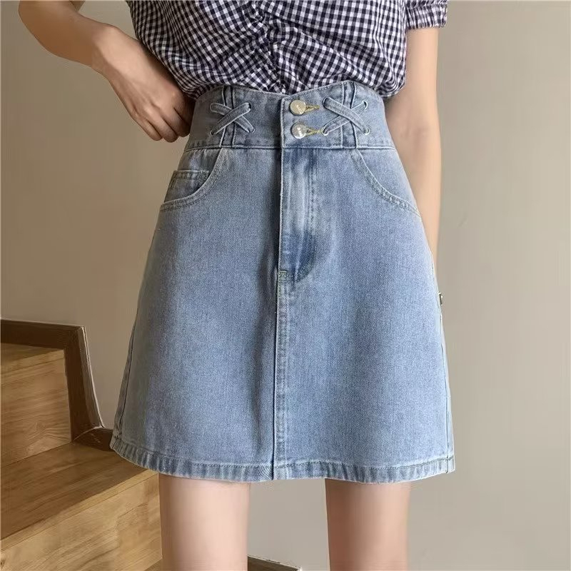 Unlined xx high-waist denim skirt women's light blue loose design trendy short skirt looks thin and small A-line skirt