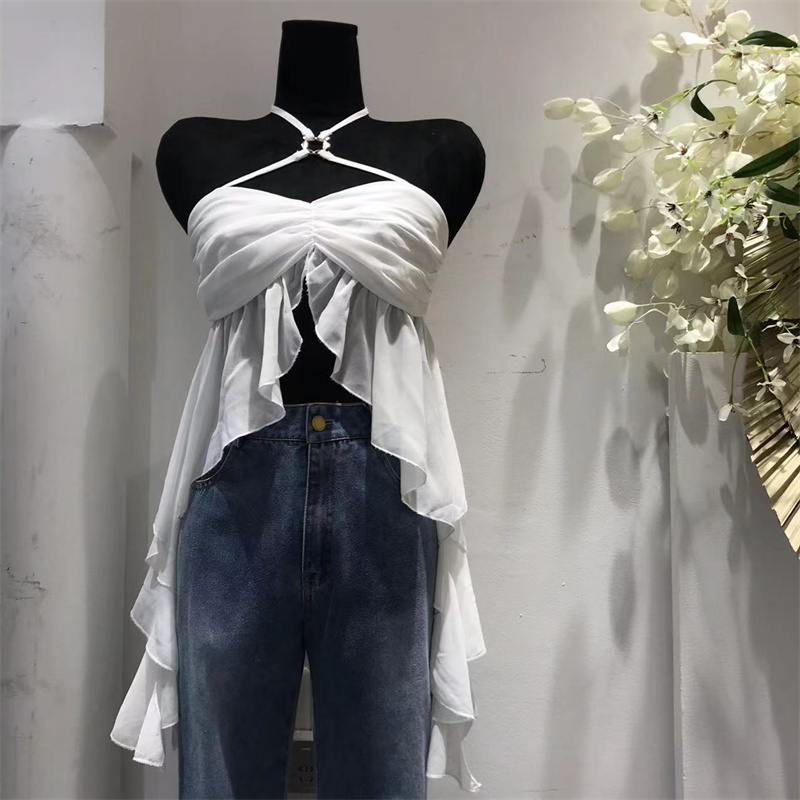 Spice Girls Sexy Cross Halter Neck One-Word Collar Chiffon Suspender Women's Wrapped Chest Slit Wooden Ear Top