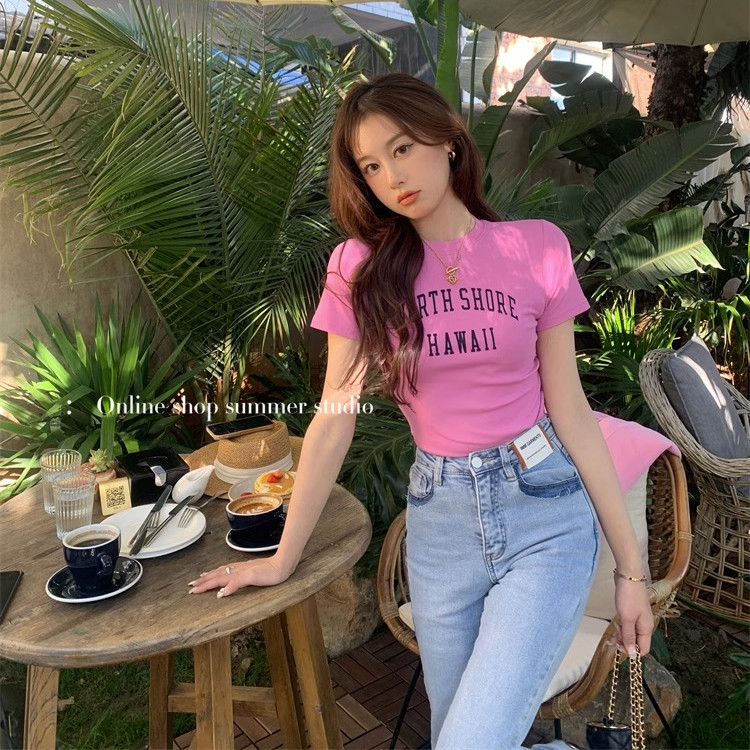 Summer home summer shoulder red slim sweet hot girl short top tight short-sleeved t-shirt female design sense niche bm