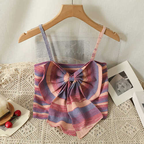 Sweet and spicy style striped camisole women's summer inner and outer wear design sense niche bowknot sleeveless short top