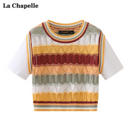Design sense Korean striped stitching sweater short T-shirt fake two-piece top