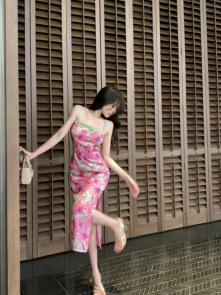 Real price real price French niche design new Chinese style silk floral splicing contrast color slim high waist dress