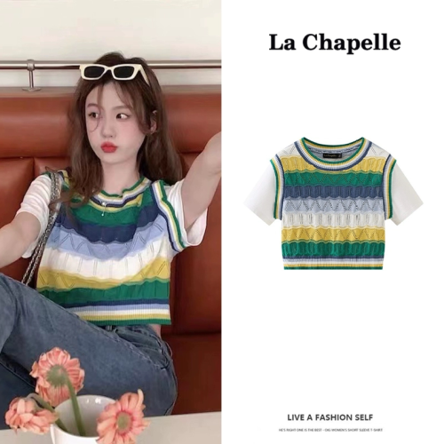 Design sense Korean striped stitching sweater short T-shirt fake two-piece top