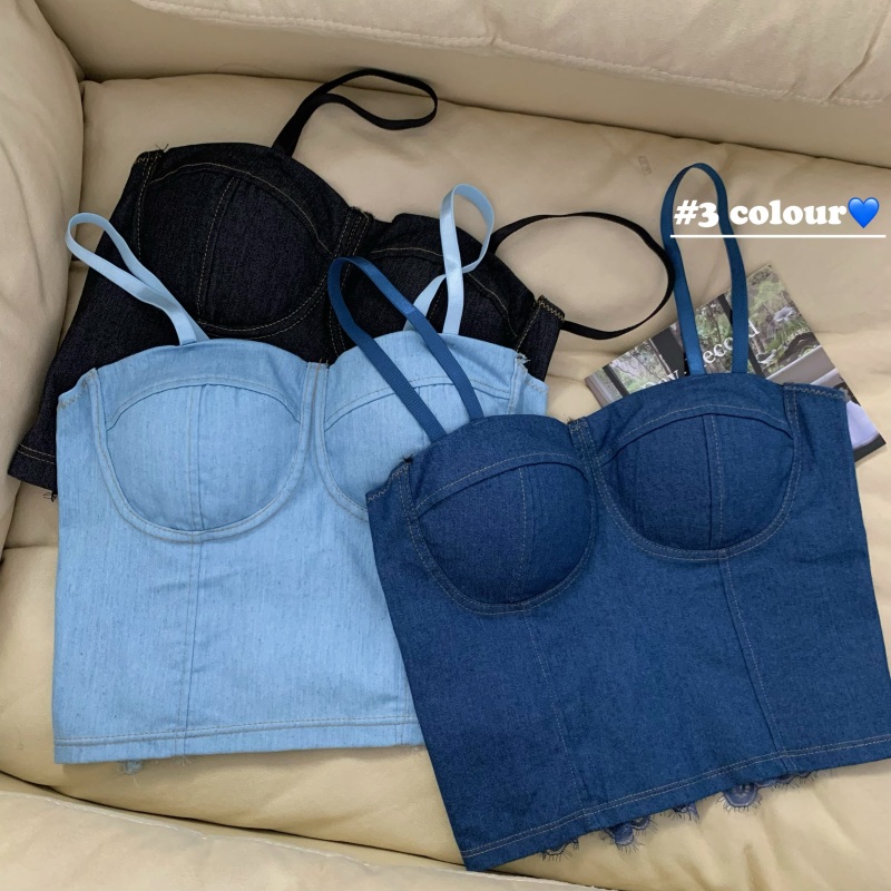 Real price real shot retro old denim vest camisole women's summer outerwear lace stitching wrap chest bottoming shirt