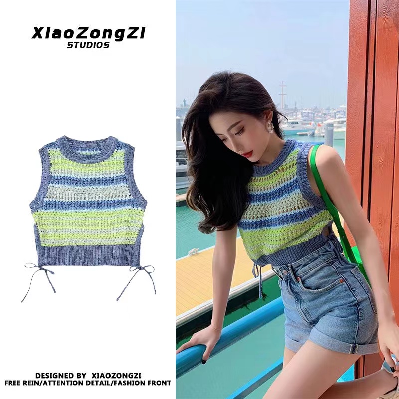 Unique design sense, hollow out waist, small crowd, western style stripes, contrast color dopamine wear, gentle wind vest top, summer