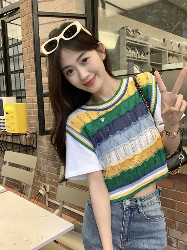 Design sense fake two-piece short T-shirt summer 2023 new chic niche striped stitching short-sleeved top female ins