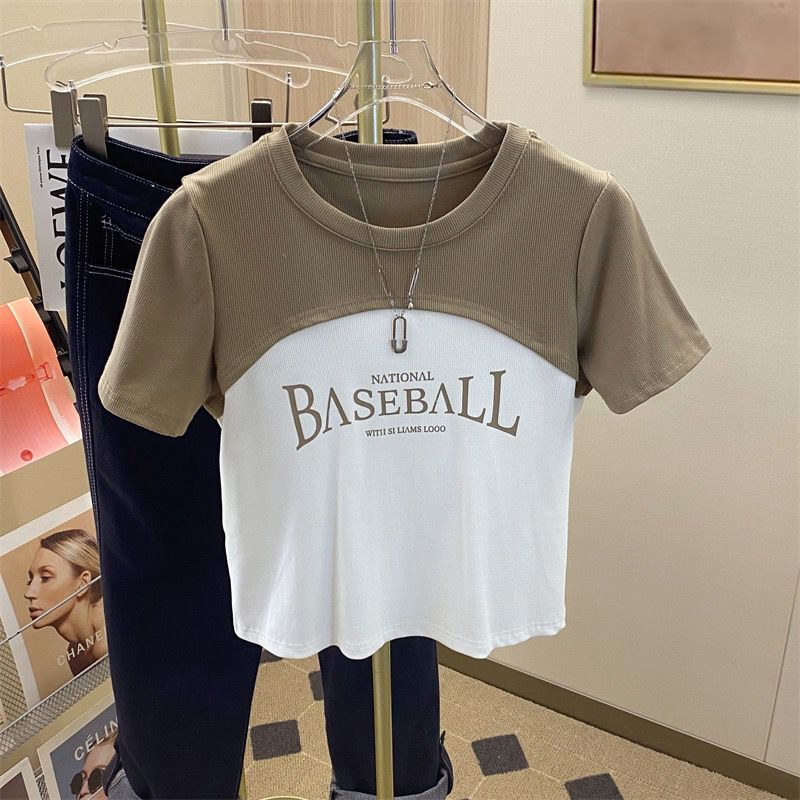 Real price summer new design sense splicing letter short-sleeved T-shirt fashion all-match slimming top