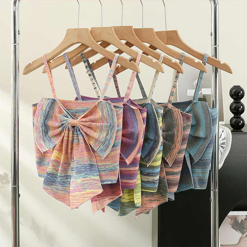 Sweet and spicy style striped camisole women's summer inner and outer wear design sense niche bowknot sleeveless short top