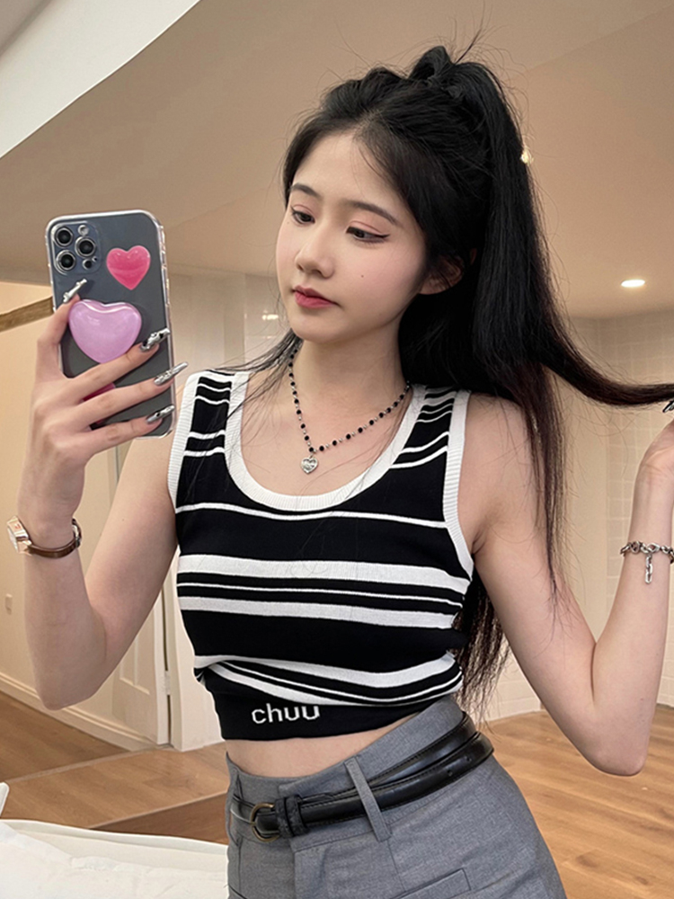 U-neck striped knitted camisole women's summer outerwear waist slimming hot girl short beautiful back sleeveless bottoming top