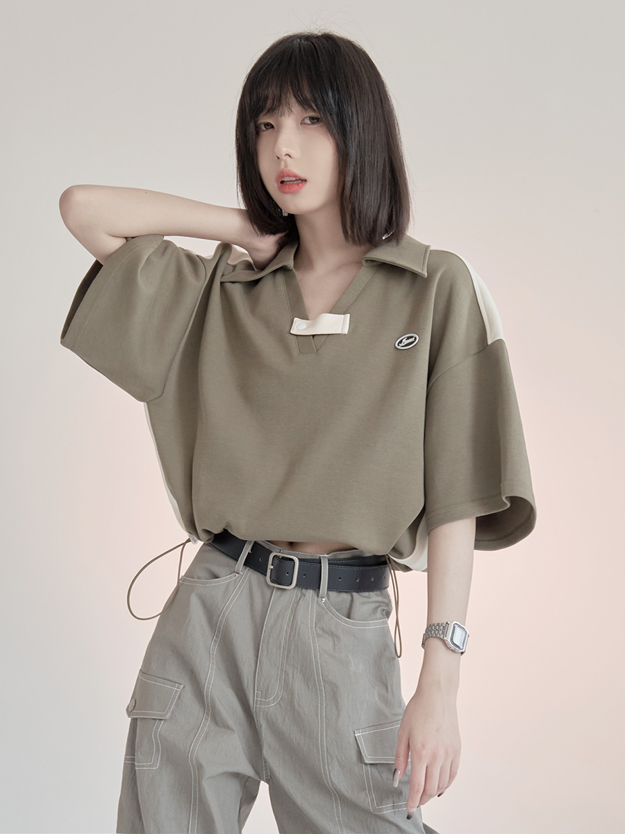 Official image/net price/65 pull frame cotton V-neck contrast color short short-sleeved T-shirt women's summer design top