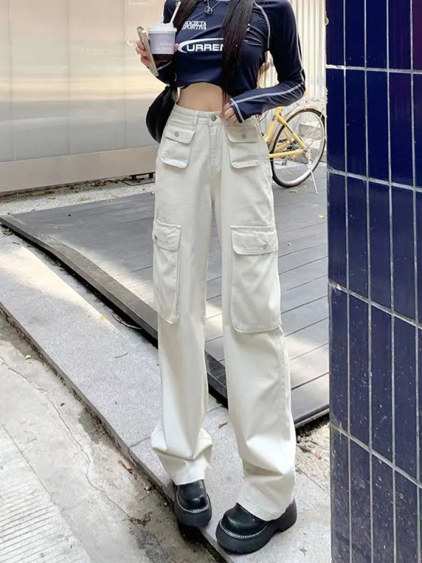 American-style niche design sense multi-pocket tooling jeans women's loose high-waisted straight-leg wide-leg street hot girl trousers