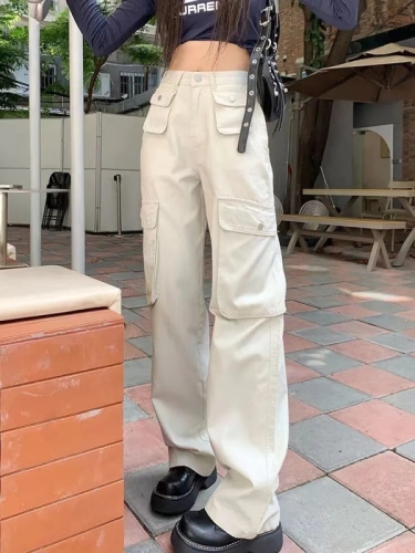 American-style niche design sense multi-pocket tooling jeans women's loose high-waisted straight-leg wide-leg street hot girl trousers