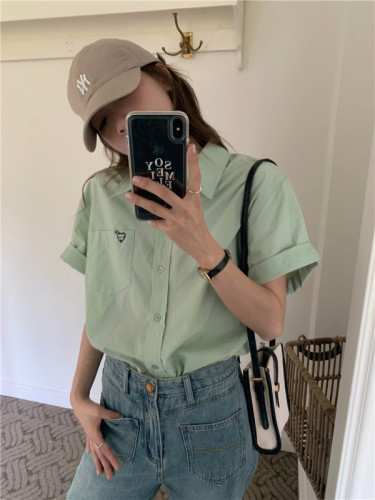 Real shot real price Korean version of sweet and cute college love embroidery polo collar short-sleeved shirt