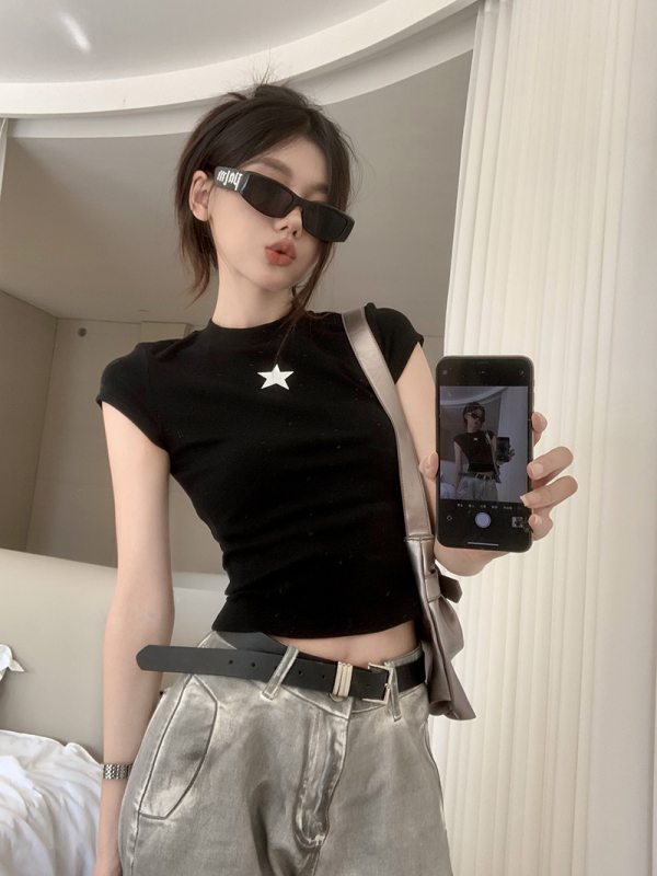 Real price star print t-shirt women's summer new hot girl slim short short-sleeved front shoulder top