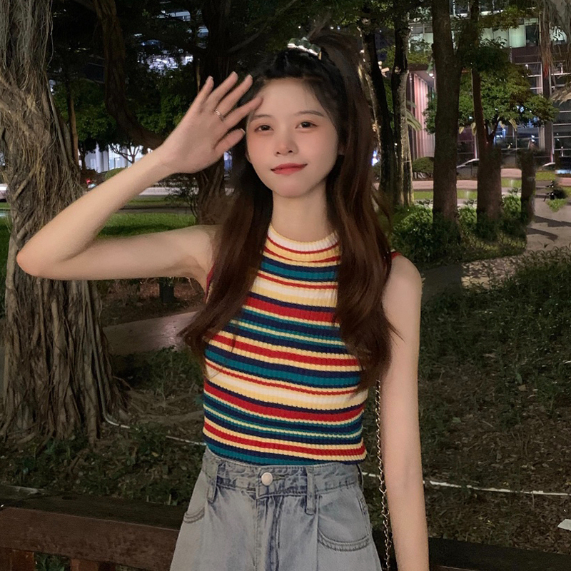 Rainbow Striped Vest Top Summer 2023 New Small Fresh Slim Slim Thin Bottom Knitwear Women's Clothing