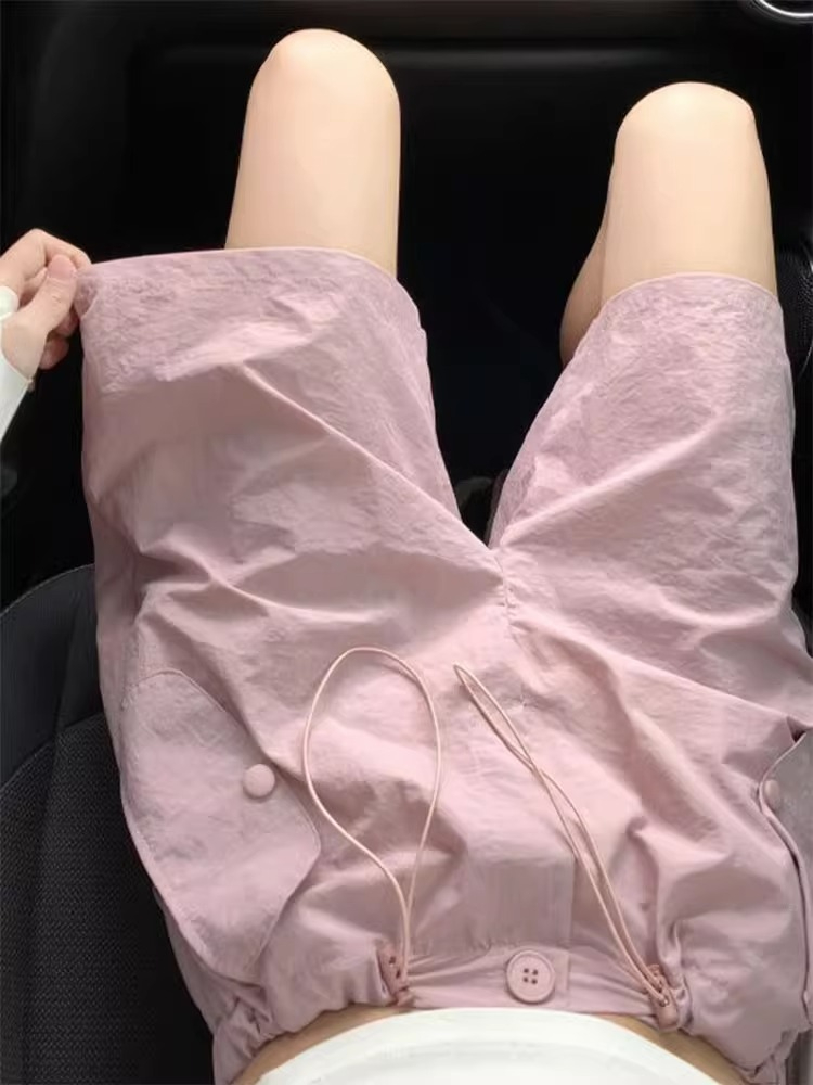High-waist casual wide-leg American style quick-drying sweatpants pink cargo shorts women's summer thin style