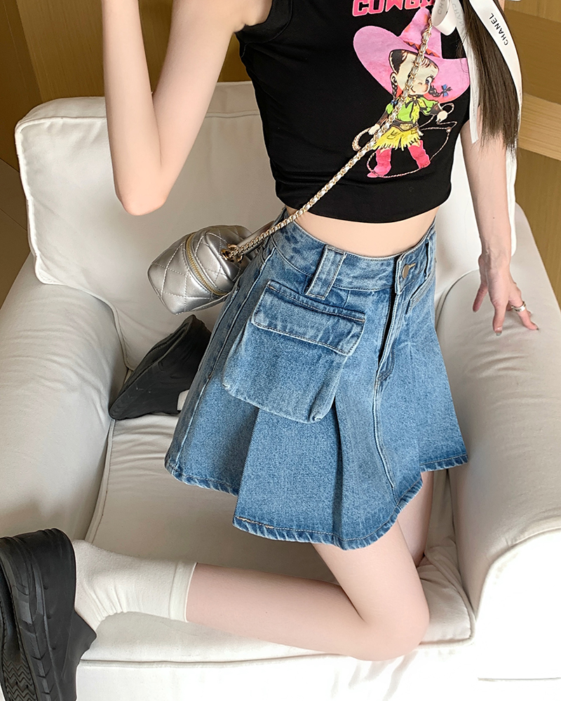 Real price 2023 summer new style side three-dimensional pocket asymmetric pleated high waist denim skirt women