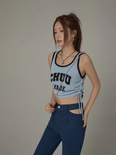 Real Price Zhang Beibei Same  Summer Design Sweet Cool Girl Letter Print Drawstring Slim Tank Top