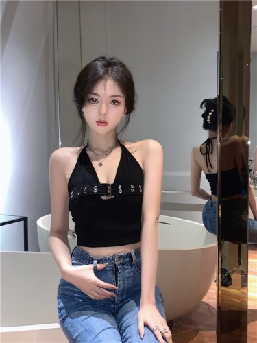 Real shots and real prices ~ Summer new hot girl sexy hollow halter neck strappy black short backless top for women