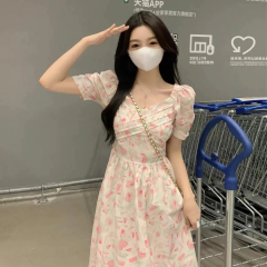 Puff Sleeves French Floral Waist Slim Dress Women 2023 New Summer Plus Size Women's Skirt High-end Sense