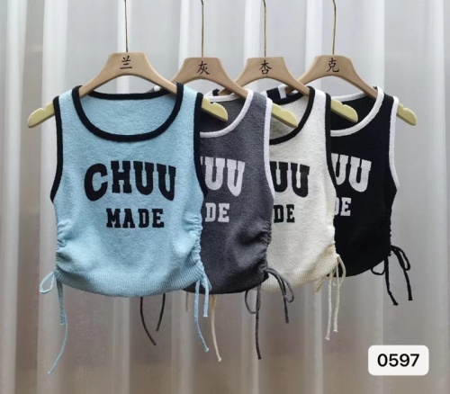 Real Price Zhang Beibei Same  Summer Design Sweet Cool Girl Letter Print Drawstring Slim Tank Top