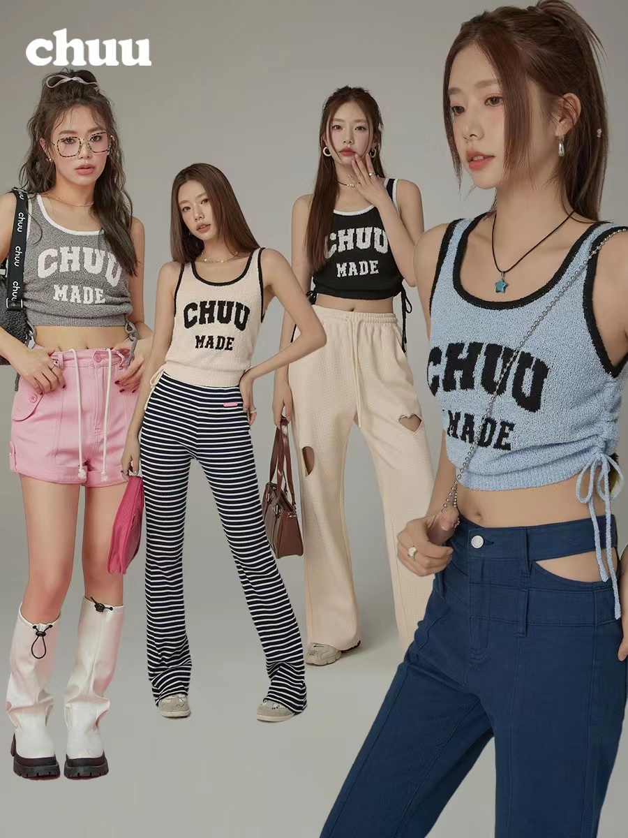 Real Price Zhang Beibei Same 2023 Summer Design Sweet Cool Girl Letter Print Drawstring Slim Tank Top