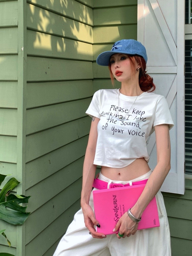 Korean version of women's summer black round neck letter printing short-sleeved T-shirt feminine all-match slimming short top