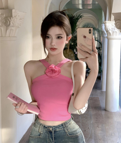 Real shot real price hot girl American pink flower self-cultivation design sense off-shoulder halter neck vest small sling top female