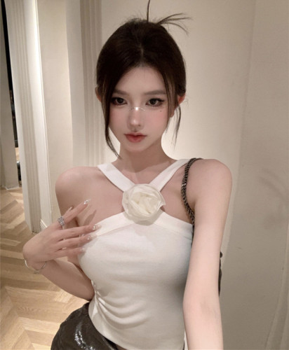 Real shot real price hot girl American pink flower self-cultivation design sense off-shoulder halter neck vest small sling top female