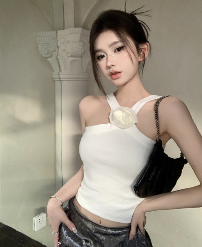 Real shot real price hot girl American pink flower self-cultivation design sense off-shoulder halter neck vest small sling top female