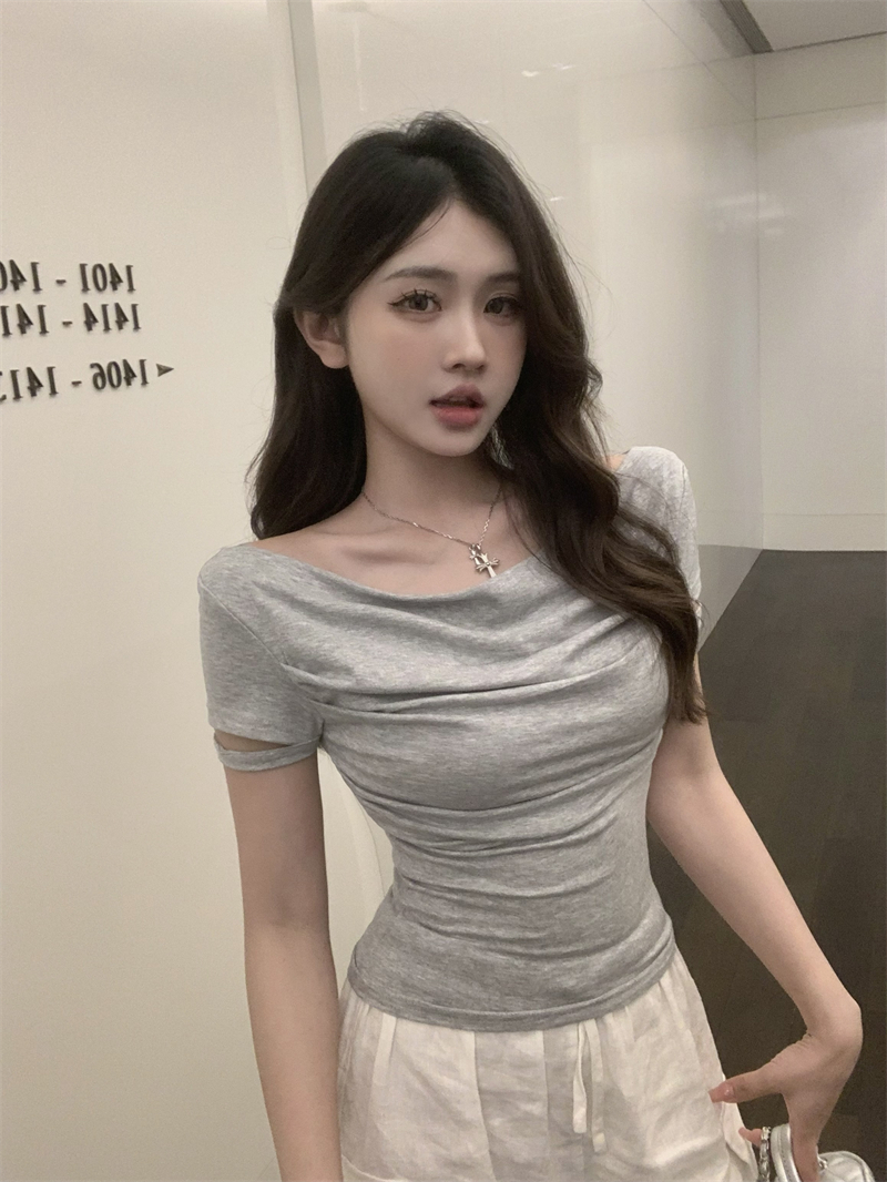 Real price real price summer new waist one-shoulder short-sleeved T-shirt women's design sense niche slimming top