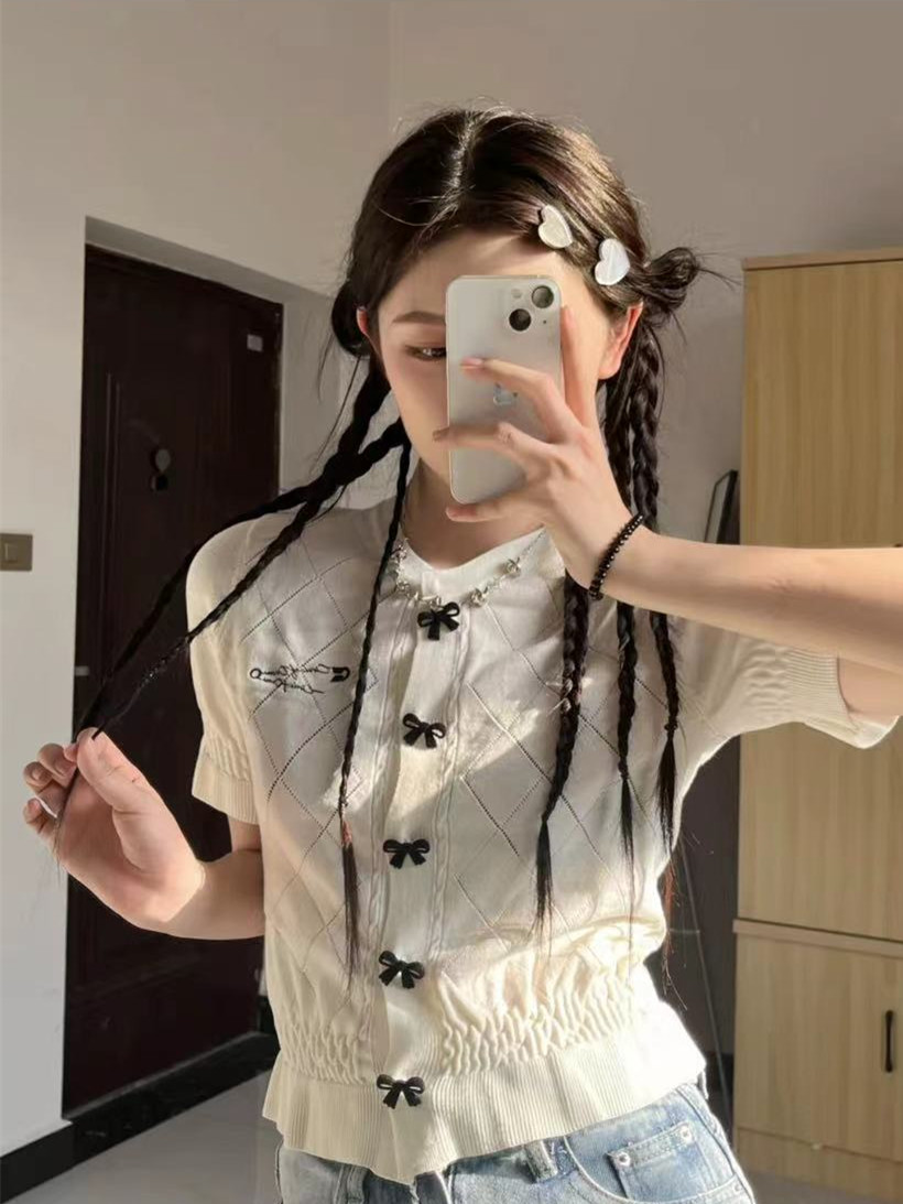 Early spring new Korean style sweet white fungus side short-sleeved hollow T-shirt bow knitted cardigan top female