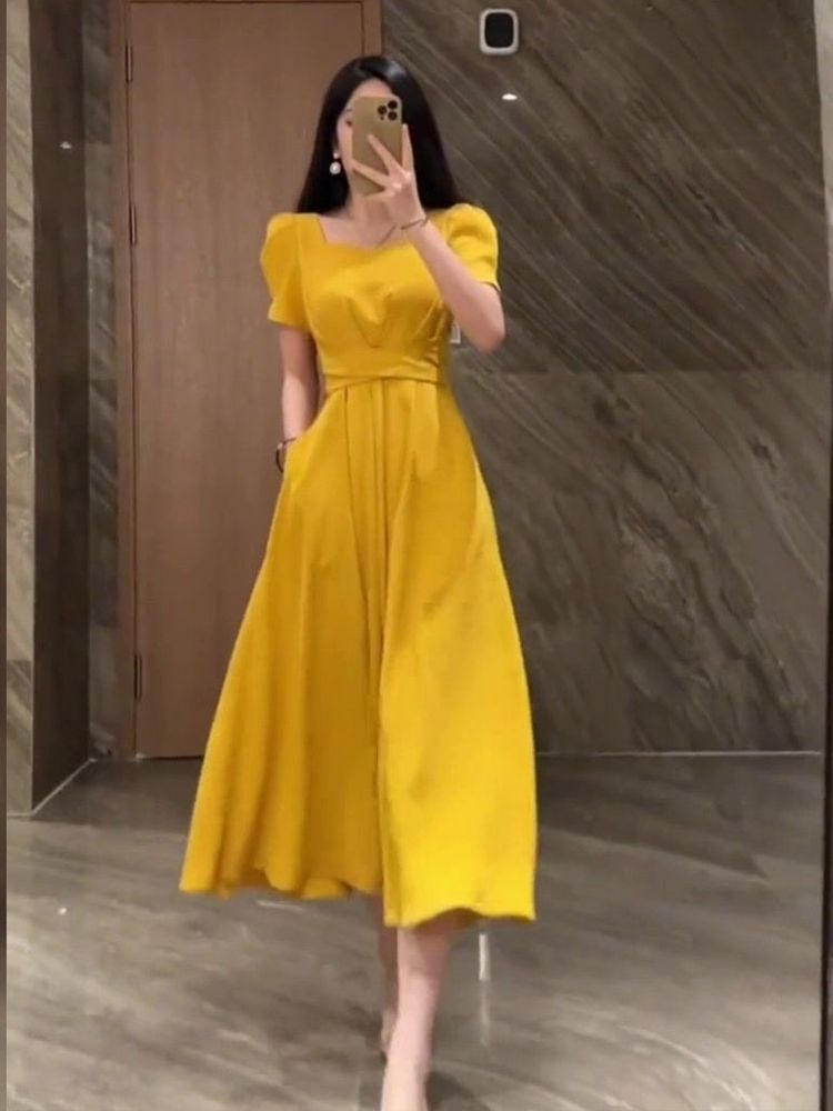Super Fairy Slim Square Neck Pocket Long Dress 2023 New Cross Bandage Waist Slim Long Dress Hepburn Style Little Black Dress