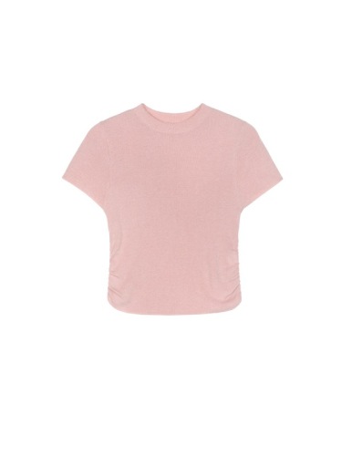Xia Shiwen fishbone beauty arc hem side shirring design pink knitted T-shirt female slim short-sleeved top