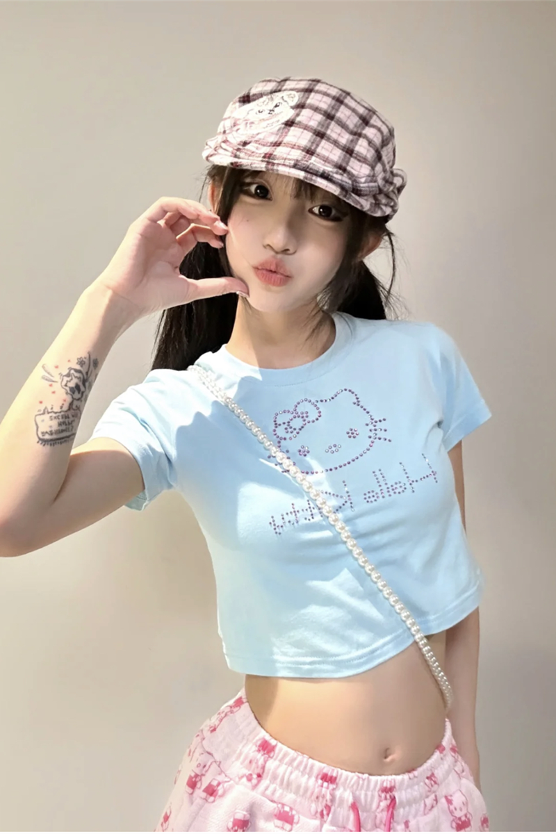 American hot girl sexy niche diamond cute short-sleeved slimming short cotton T-shirt
