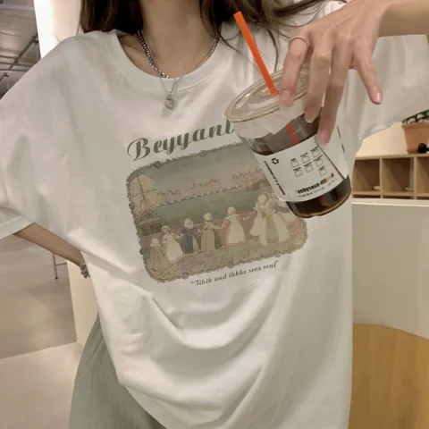 Short-sleeved t-shirt women's loose Korean version of the tide 2023 spring and summer new mid-length half-sleeved top trend