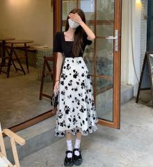 Summer floral splicing design sense French waist short-sleeved skirt plus size women's square collar dress M-4XL200 catties