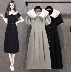 Real shot summer large size women's doll collar lapel dress fat MM Tibetan meat slim dress M-4XL200 catties