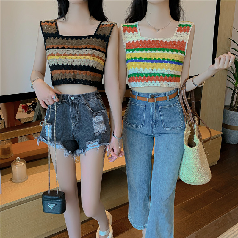 Real shot real price retro color stitching hollow sleeveless knitted vest female summer loose short sleeveless shirt