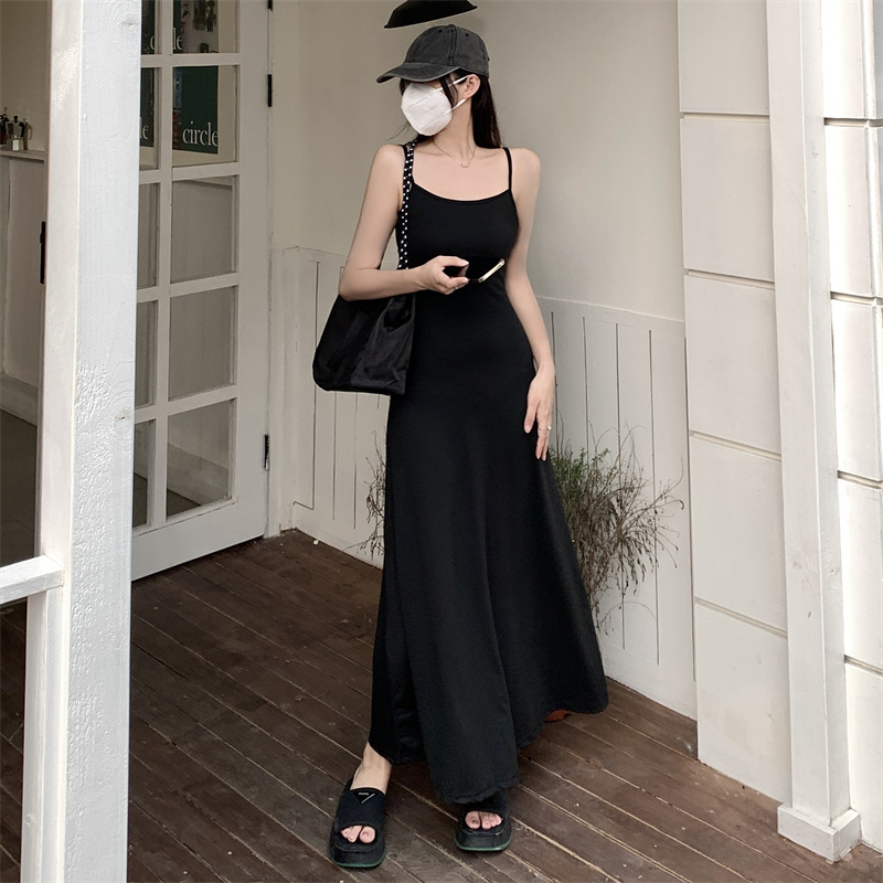 Real shot unabated French suspender dress sexy hot girl long skirt summer slim and thin sexy black skirt