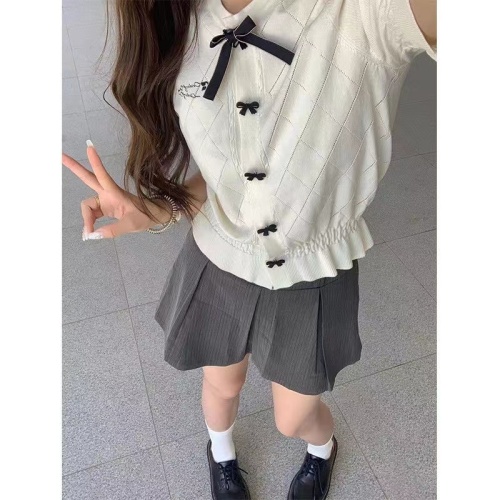 Early spring new Korean style sweet white fungus side short-sleeved hollow T-shirt bow knitted cardigan top female