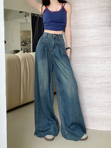 Real shot retro drape jeans women's spring and summer design sense high waist hot girl loose straight leg mopping wide leg trousers